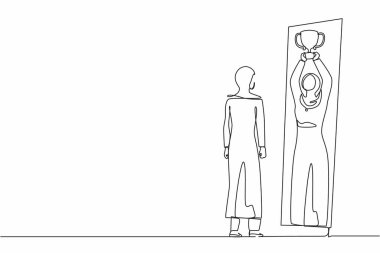 Bir satırda Arap bir iş kadınının ayna yansımasında kupayı kaldırarak kendini mutlu ve başarılı göstermesi. İş hayatında başarı ve kazanma. Devamlı çizgi tasarım grafik vektörü