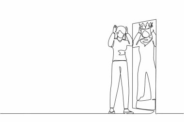 Aralıksız bir çizgi, Arap iş kadınını aynaya bakarken kafasında taçla kendi yansımasını görüyor. Fazla değer veren, kendine güvenen biri. Tek çizgi çizme tasarım vektörü