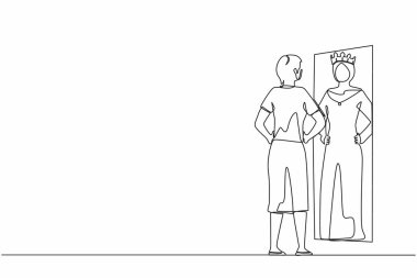 Tek sıra halinde, narsist Arap iş kadını aynaya bakıyor ve kafasında tacıyla kendini yansıtıyor. Kendine güven, motivasyon. Bir çizgi grafik tasarım vektörü