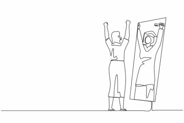 Sürekli aynanın karşısına geçip aynaya bakan Arap iş kadını çizen tek sıra. Kendini diplomalı bir mezun öğrenci olarak hayal et. Başarılı bir gelecek. Bir çizgi çizme tasarım vektörü