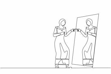 Narsist Arap iş kadınının aynaya baktığı tek sıra. Kadın benlik yansıması. Narsisizm ve kibir. Bencillik, narsisizm, hayranlık. Bir çizgi grafik tasarım vektörü