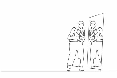 Tek sıra halinde, güzel Arap iş kadını aynaya bakıyor, kendine bir bak, resmi kıyafet düğmesini düzeltiyor, kendini çalışmaya hazırlıyor. Bir çizgi tasarım vektörü