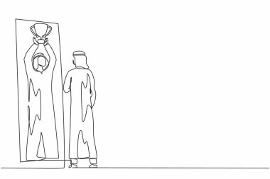 Arap işadamının sürekli çizdiği tek çizgi aynadaki yansımasında kupayı kaldırarak kendini mutlu ve başarılı gösteriyor. İş hayatında başarı ve kazanma. Bir çizgi grafik tasarım vektörü