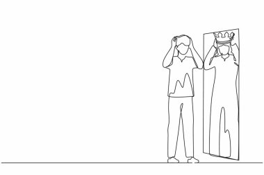 Narsist Arap iş adamının aynaya bakıp kafasında tacıyla kendini yansıttığı bir çizgi. Fazla değer veren, kendine güvenen biri. Tek çizgi tasarım vektörü