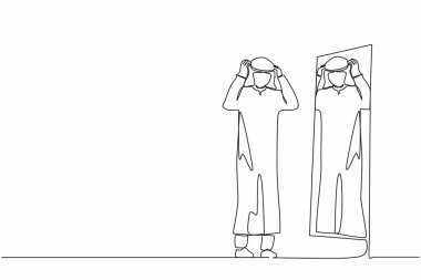 Tek sıra halinde, Arap işadamı aynanın önüne sarığı ayarlıyor. Adam aynada görünüşünü kontrol ediyor. Erkek müdür aynada kendine bakıyor. Devamlı çizgi çizimi grafik vektörü