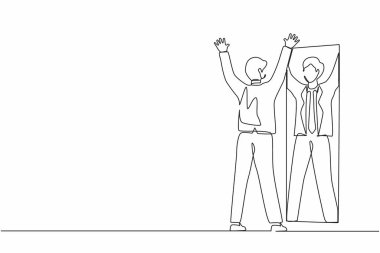 Tek sıra halinde, mutlu işadamlarının ellerini kaldırarak aynaya bakması. Aynadaki yansıma. Yüksek özsaygı psikolojisi. Zafer, başarı motivasyonu. Bir çizgi çizimi grafik tasarım vektörü