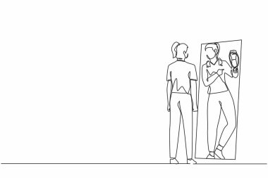 Bir satırda iş kadınının aynaya bakması ve elinde altın madalyayla kendini yansıtması, kişinin kendini abartması, kendine güveni. Devamlı çizgi çizim tasarım vektörü