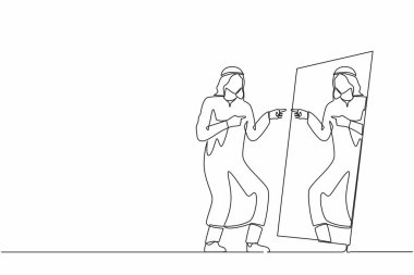 Narsist Arap iş adamının aynaya baktığı kesintisiz bir çizgi. İnsanın kendi yansıması. Narsisizm ve kibir. Bencillik, narsisizm ve hayranlık. Tek çizgi çizme tasarım vektörü