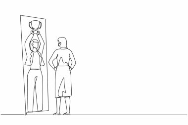 Tek sıra halinde, kupayı kaldırarak kendini mutlu ve başarılı gösteren bir iş kadını çiziyor. İş hayatında başarı ve kazanma. Bir çizgi çizimi grafik tasarım vektörü