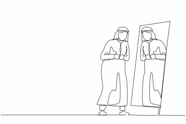 Arap iş adamının aynaya baktığı tek sıra, kendine bir bak, Arap kıyafet düğmesini resmi olarak ayarlıyor, kendini çalışmaya hazırlıyor. Bir çizgi grafik tasarım vektörü