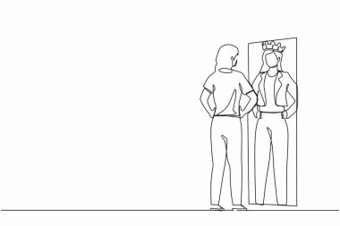 Sürekli aynaya bakan narsist iş kadını çizen ve kafasında taç olan kendi yansımasını gören bir çizgi. Kendine güven, motivasyon. Tek çizgi çizimi tasarım vektörü grafiği