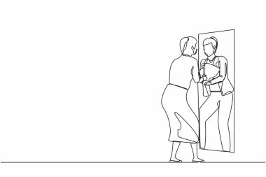 Tek sıra halinde iş kadınını kendine benzetiyor. Aynanın önünde bir kadın, iyimserlik, olumlu, kendine güven. Ödül kupasıyla yansıtma ödülü, kazanan. Aralıksız çizgi grafik tasarım vektörü