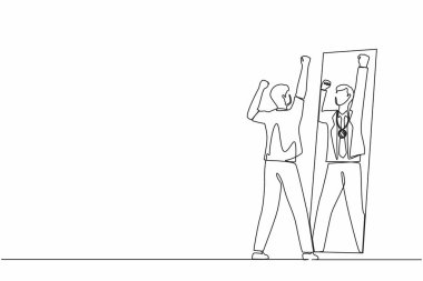 Bir satırda narsist işadamının aynaya bakması ve kendini altın madalyayla yansıtması, kendini abartması, kendine güveni. Sürekli çizim çizgisi tasarım vektörü