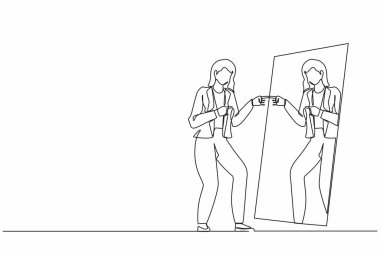 Mutlu narsist iş kadınlarının aynaya baktığı tek sıra. Kadın benlik yansıması. Narsisizm ve kibir. Bencillik, narsisizm, hayranlık. Bir çizgi grafik tasarım vektörü