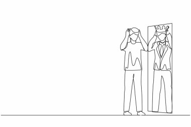 Tek sıra halinde, narsist işadamı aynaya bakıyor ve kafasında tacıyla kendini yansıtıyor. Fazla değer veren, kendine güvenen biri. Devamlı çizgi çizim tasarım vektörü