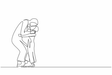 Tek sıra halinde, şefkatli genç bir Arap anneyi kucaklıyor, küçük tatlı kızını öpüyor, sevgi ve şefkat hissediyor. Anneler Günü, tatil konsepti. Bir çizgi grafik tasarım vektör çizimi