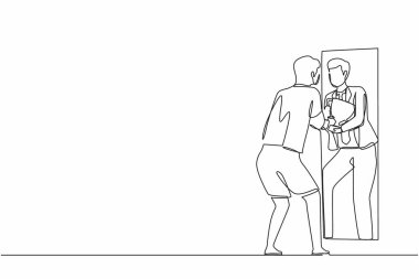 Devamlı tek sıra halinde işadamını kendine çekiyor. Aynanın önündeki erkek, iyimserlik, olumlu, kendine güven. Ödül kupasıyla yansıtma ödülü, kazanan. Tek çizgi tasarım vektör çizimi