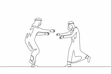 Tek sıra halinde iki mutlu Arap erkeği birbirleriyle karşılaşmak için koşturuyor. Erkeklerin kucaklaması ve gülmesi. Arkadaşlarla buluşacağız. Erkek arkadaşlığı buluşması. Bir çizgi çizimi grafik tasarım vektör çizimi