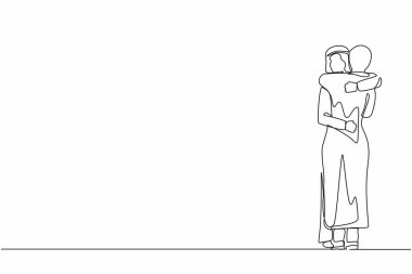 Tek sıra çizen genç bir Arap kadın kocasına sıcak bir şekilde sarılıyor, mutlu ve romantik bir ilişki içinde. Karı koca mutlu ve beraberler. Devamlı çizgi çizimi grafik vektörü
