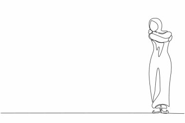 Sürekli bir çizgi kendini aşkla çiziyor. Arap kadın kendine sarılıyor, mutlu, olumlu, gülümsüyor. Güzel bir kadın kendine mutlu bir şekilde sarılıyor. Kendini sevme ve kendini koruma. Tek çizgi çizimi tasarım vektörü grafiği