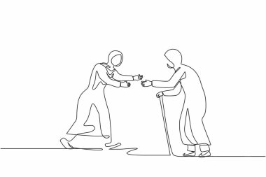 Sürekli bir çizgi halinde mutlu bir Arap kadını büyükannesiyle buluşmak için koşturuyor. Büyükbabamların evinde tatil. Anne, son sınıf öğrencisi, emekli, yaz tatili, tatil. Tek çizgi tasarım vektör çizimi