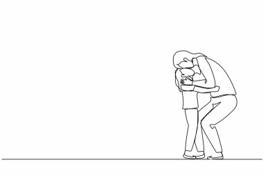 Sürekli bir çizgi çizerek şefkatli genç bir anneyi kucaklar küçük tatlı kızını öper sevgi ve şefkat hisseder. Anneler Günü, tatil konsepti. Tek çizgi çizimi tasarım vektörü grafik çizimi