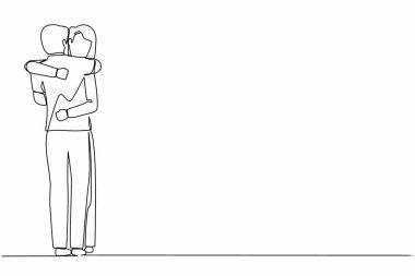 Heyecanlı bir eş, iş gezisinden dönerken sevgili kocasını kucaklıyor. Mutlu, genç bir çift yıldönümünü kutluyor. Devamlı çizgi tasarımı vektör çizimi