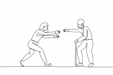 Tek sıra halinde, mutlu bir kadın büyükbabamla buluşmaya koşuyor. Büyükbabamların evinde tatil. Baba, son sınıf öğrencisi, emekli, yaz tatili, tatil. Devamlı çizgi tasarımı grafik vektör illüstrasyonu