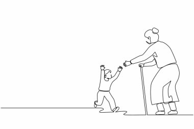 Tek sıra halinde, neşeli küçük bir çocuğun dedeleriyle tanışmasını sağlıyor. Mutlu aile büyükbaba ve büyükanneyi ziyaret ediyor. Torun büyükanneyi kucaklamak için koşuyor. Bir çizgi tasarımı vektör illüstrasyonu