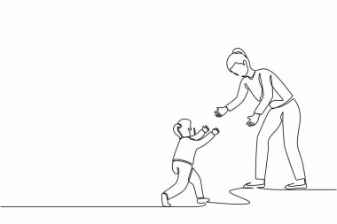 Sürekli bir çizgi halinde anne ve küçük kızı açık kollarla birbirlerine doğru koşuyorlar. Anne, kız, çocuk. Ebeveynlik, çocukluk, ebeveynlik kavramı. Tek çizgi tasarım vektör grafik çizimi