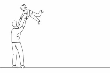 Tek sıra halinde çizen baba kızını taşıyor. Babalar Günü aktivitesi, çocukların şefkat duyması, sevgi taşıması, çocuğunun uçmaktan ve oynamaktan zevk alması. Devamlı çizgi tasarım grafik vektörü