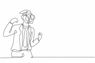 Kafası yerine yuvarlak karalamalarla iş adamı çizen tek satır. Takım elbiseli kızgın erkek yönetici, tehditkar hareketlerini yumruğunu sıkarak gösteriyor. Aralıksız çizgi çizme grafik tasarım vektörü