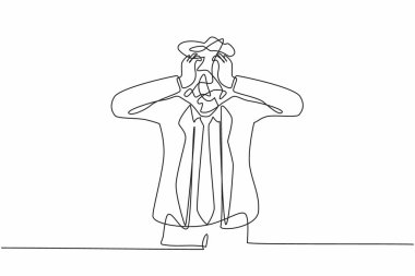 Kafası yerine yuvarlak karalamalarla iş adamı çizen tek satır. Karışıklık ve karmaşa hissi. Ofiste sorunlu çalışan stresli bir adam. Devamlı çizgi tasarımı grafik vektör illüstrasyonu