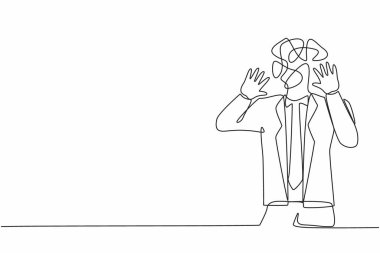 Kafası yerine yuvarlak karalamalarla iş adamı çizmeye devam ediyor. Adam şok oldu, korktu, korktu, korktu, korku ifadesi. El hareketlerini bırak. Tek çizgi grafik tasarım vektörü