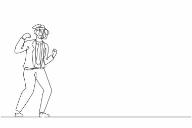 Kafası yerine yuvarlak karalamalarla iş adamı çizen tek satır. Yumruklarını sıkmış sinirli bir işçi. Agresif ruh hali, zehirli iletişim. Devamlı çizgi çizimi grafik vektörü