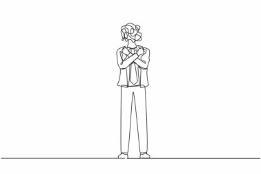 Kafası yerine yuvarlak karalamalarla iş adamı çizmeye devam ediyor. Yumruklarını sıkmış, kollarını kavuşturmuş, mutlu ve pozitif hisseden genç bir yönetici. Tek çizgi çizimi tasarım vektörü grafiği