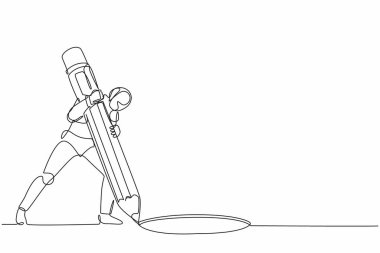 Devamlı bir çizgi çizen robot büyük kalemle delikler açıyor. İnsansı robot sibernetik organizma. Geleceğin robotik geliştirme konsepti. Tek çizgi çizimi tasarım vektörü grafik çizimi