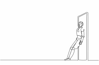 Aralıksız tek sıra halinde ayakta duran ve kapıyı sırtından iten robotlar çiziyor. İnsansı robot sibernetik organizma. Geleceğin robotik geliştirme konsepti. Tek çizgi çizimi tasarım vektörü grafik çizimi