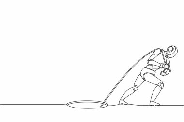 Tek bir çizgi robot çiziyor. Bir şeyi delikten çıkarmak için ip çekmeye çalışıyor. Geleceğin teknolojisi. Yapay zeka ve makine öğrenimi. Devamlı çizgi çizimi tasarım vektörü illüstrasyonu