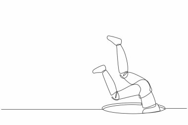 Tek sıra halinde robot çukura düşüyor. Kapaktan çıkan çıkıntılı bacaklar. Geleceğin teknolojisi. Yapay zeka ve makine öğrenimi. Devamlı çizgi çizimi tasarım vektörü illüstrasyonu