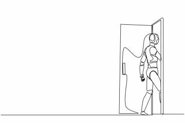 Tek sıra halinde yürüyen robotlar kapıdan içeri girerek içeri giriyor. Modern robotik yapay zeka teknolojisi. Elektronik teknoloji endüstrisi. Bir çizgi çizimi grafik tasarım vektörü