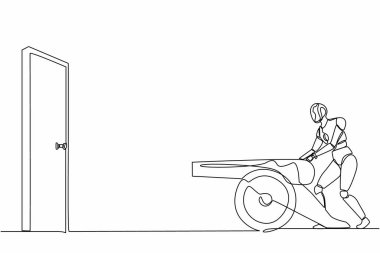 Devamlı bir çizgi çizen robotlar kapının önünde topları ateşliyor. İnsansı robot sibernetik organizma. Geleceğin robotik geliştirme konsepti. Tek çizgi çizimi tasarım vektörü grafiği
