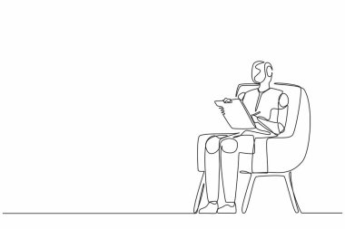 Sandalyeye oturan ve panoya yazı yazan tek sıra halinde robotlar. Modern robotik yapay zeka teknolojisi. Elektronik teknoloji endüstrisi. Bir çizgi çizimi grafik tasarım vektörü