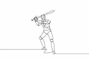 Devamlı tek sıra halinde duran ve büyük kılıç sallayan robotlar çiziyor. İnsansı robot sibernetik organizma. Geleceğin robotik geliştirme konsepti. Tek çizgi çizimi tasarım vektörü grafik çizimi