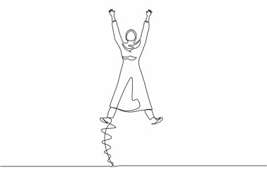 Kollarını ve bacaklarını açarak atlayan mutlu bir Arap iş kadını çiziyor. Ofis çalışanı şirket projesinin başarısını kutluyor. Aralıksız çizgi çizimi tasarım grafik vektör çizimi