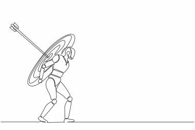 Devamlı tek çizgi halinde robotlar ağır hedefleri tam okla taşıyorlar. İnsansı robot sibernetik organizma. Geleceğin robotik geliştirme konsepti. Tek çizgi tasarım vektör grafik çizimi