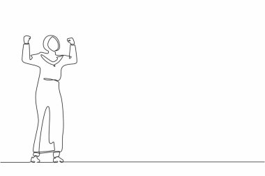 Yanında mutlu Arap iş kadınlarını çeken tek sıra sıkılmış ellerini kaldırdı. Bayan yönetici şirket ürün satışlarının artmasını kutluyor. Bir çizgi grafik tasarım vektörü