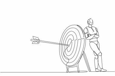 Tek sıra halinde robotlar hedefe doğru eğiliyor ve hedefe ok saplanıyor. Modern robotik yapay zeka teknolojisi. Elektronik teknoloji endüstrisi. Bir çizgi çizimi grafik tasarım vektörü