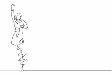 Tek sıra çizen mutlu bir Arap iş kadını tek bacağı kıvrılmış ve bir elini kaldırıyor. Bayan yönetici şirket ürün satışlarının artmasını kutluyor. Devamlı çizgi çizim tasarım vektörü