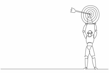Tek çizgi çizen robot, büyük hedefi doğru okla kaldırıyor. Geleceğin teknoloji gelişimi. Yapay zeka ve makine öğrenme süreci. Devamlı çizgi çizimi grafik vektörü